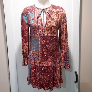 Zara Boho Patchwork Drop Waist Long Sleeve Knit Mini Dress